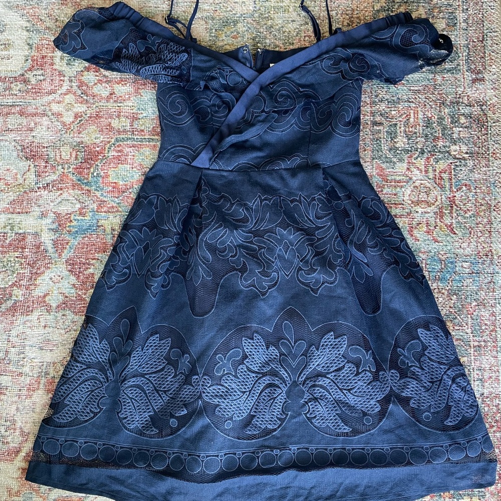 Navy Off-Shoulder Floral Jacquard Dress